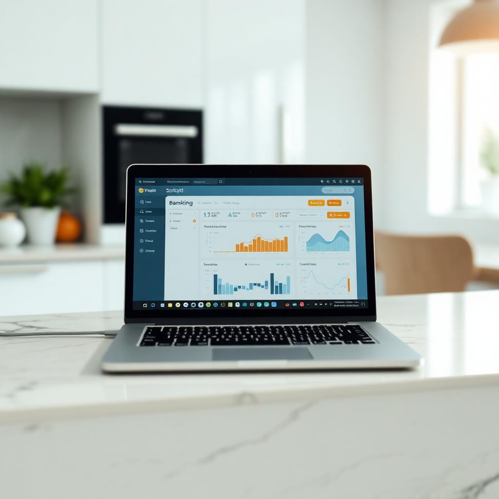 Laptop on a kitchen counter showing the OneUnited online banking dashboard